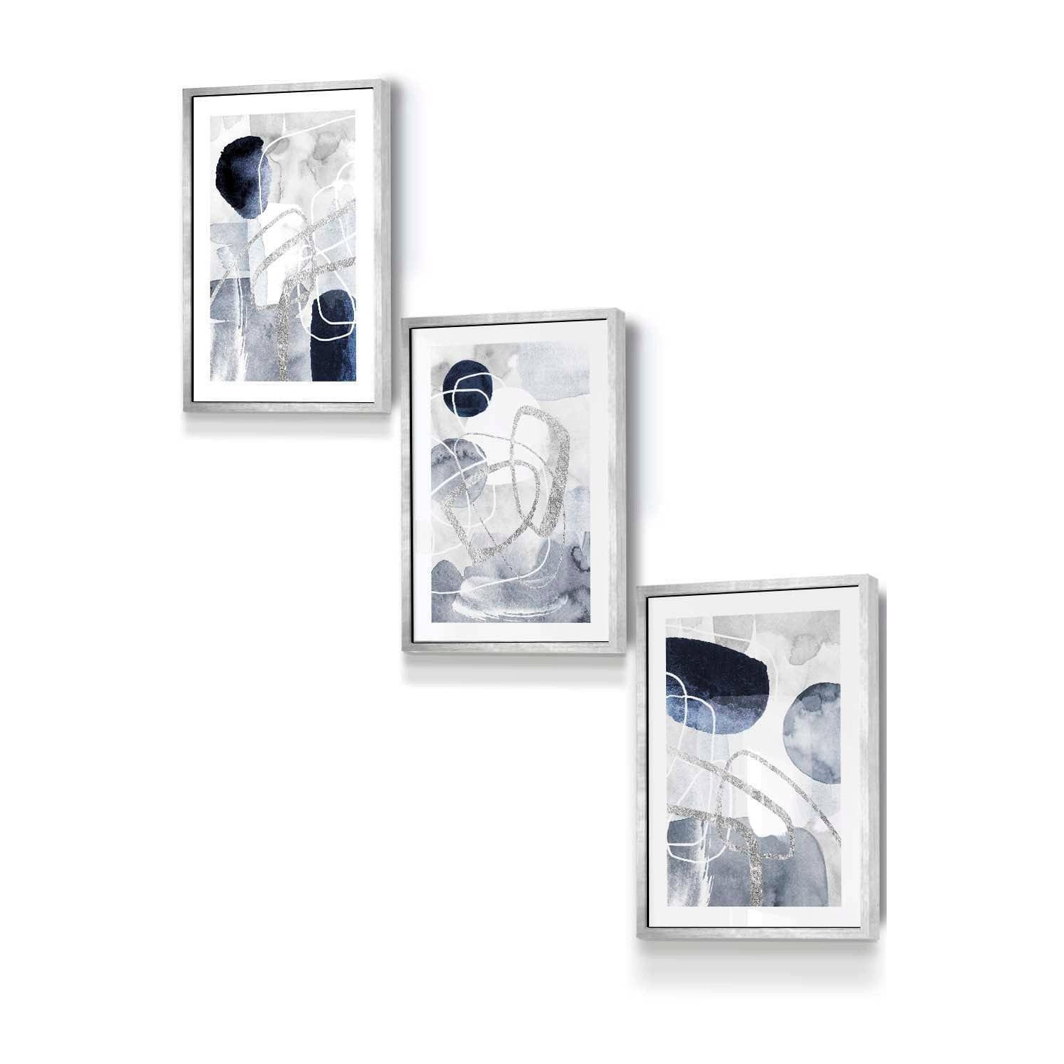 Set of 3 Silver Framed Abstract Navy Blue and Silver Watercolour Shapes Wall Art - image 1