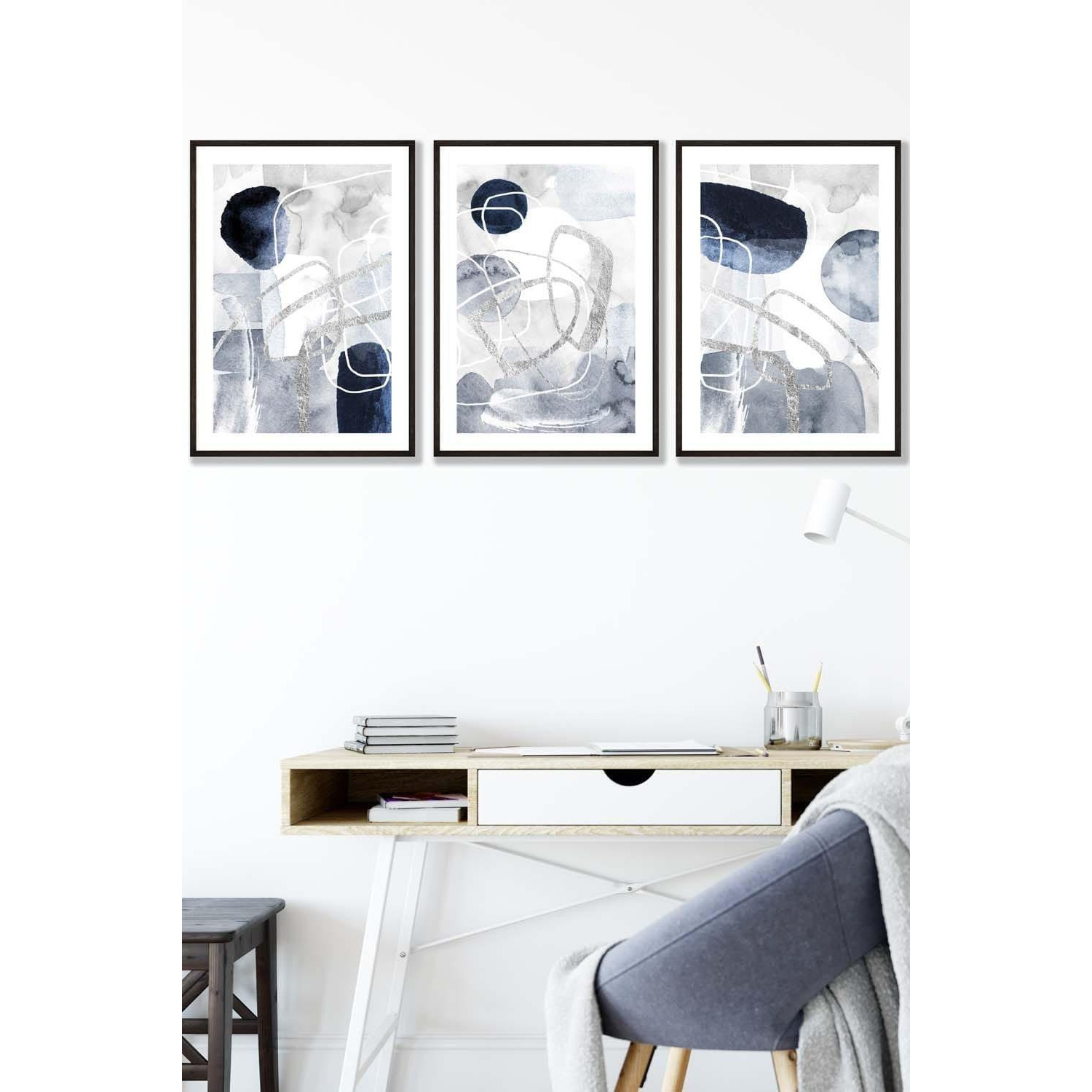 Set of 3 Black Framed Abstract Navy Blue and Silver Watercolour Shapes Wall Art - image 1