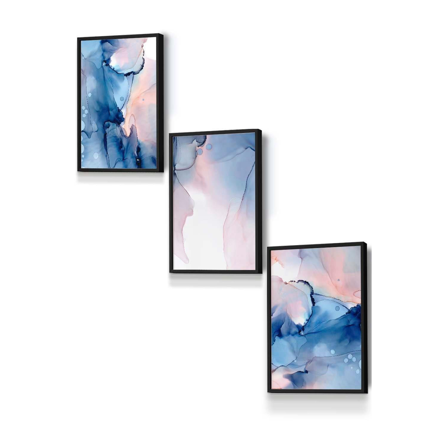 Set of 3 Black Framed Blush Pink and Navy Blue Abstract Ink Wall Art - image 1
