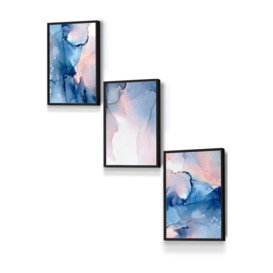 Set of 3 Black Framed Blush Pink and Navy Blue Abstract Ink Wall Art