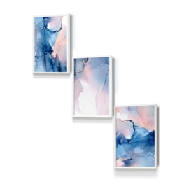 Set of 3 White Framed Blush Pink and Navy Blue Abstract Ink Wall Art - thumbnail 1