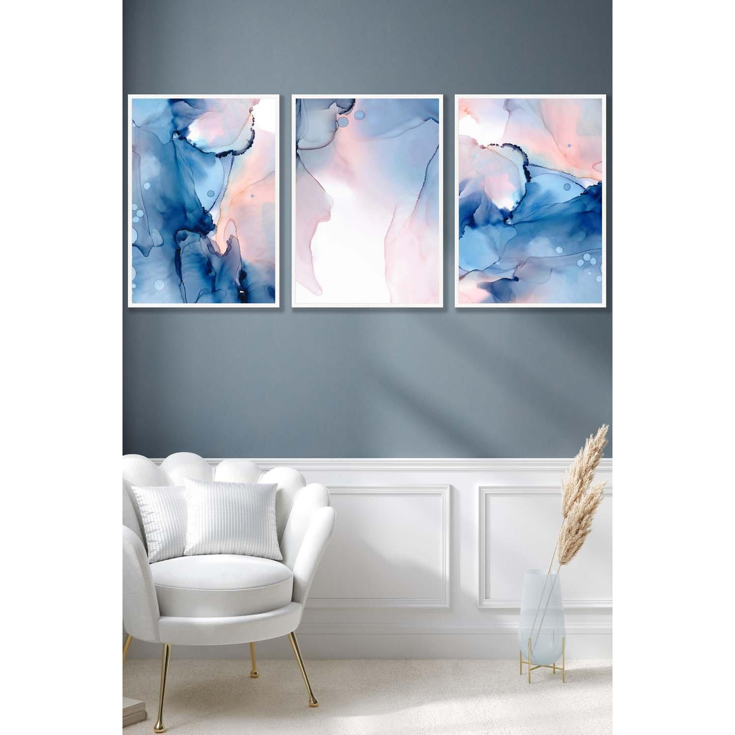 Set of 3 White Framed Blush Pink and Navy Blue Abstract Ink Wall Art - image 1