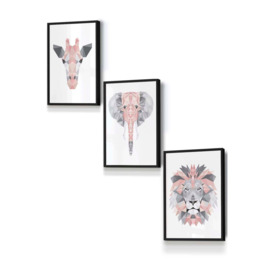 Geometric Pink Grey Jungle Animal Heads Framed Wall Art - Small