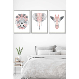 Geometric Pink Grey Jungle Animal Heads Framed Wall Art - Large