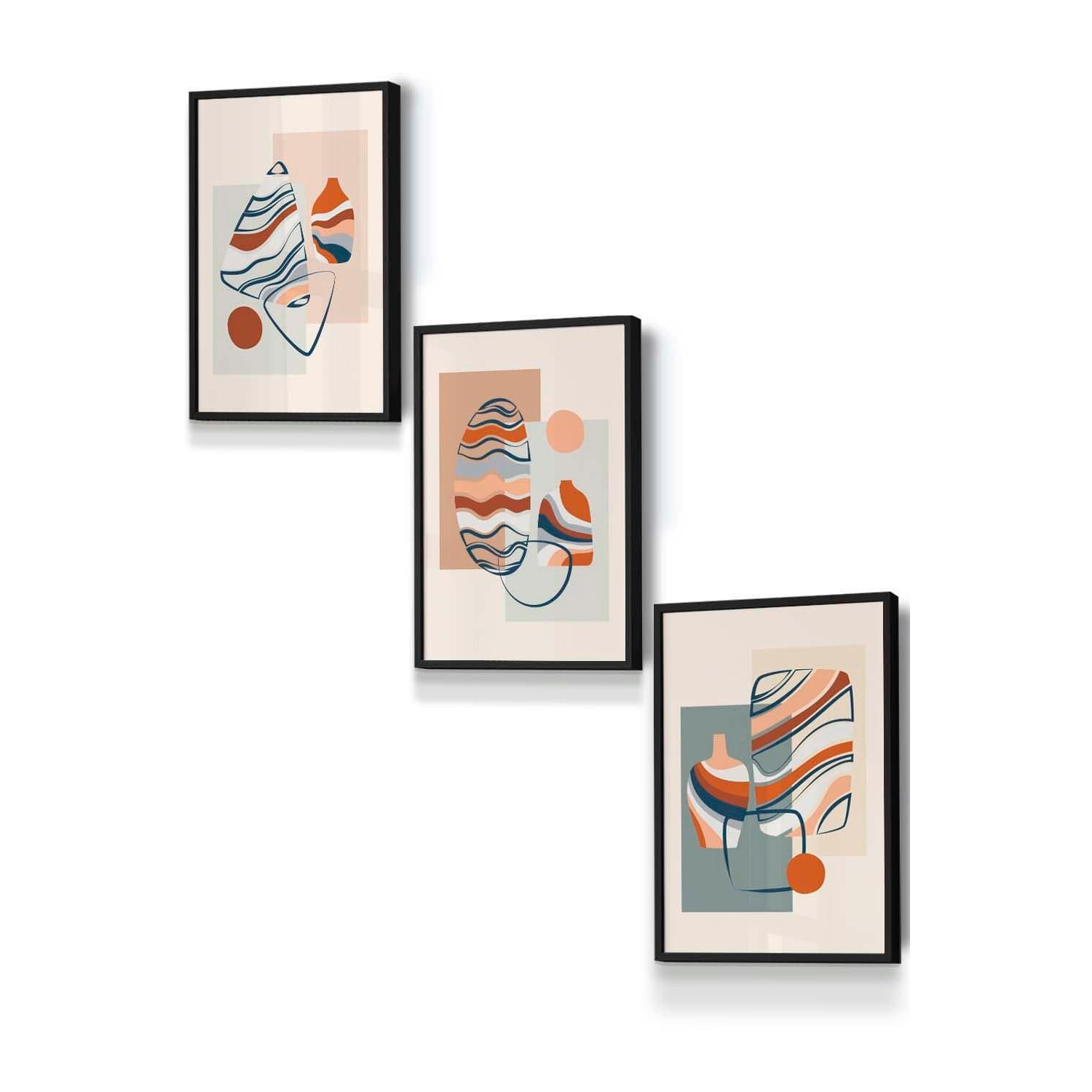 Set of 3 Black Framed Boho Modern Abstract in Blue and Orange Wall Art - image 1