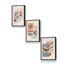 Set of 3 Black Framed Boho Modern Abstract in Blue and Orange Wall Art