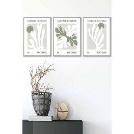 Set of 3 Light Grey Framed Matisse Floral Cut Out Style  in Green & Beige Wall Art