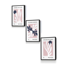 Set of 3 Black Framed Matisse Floral Cut Out Style in Blue & Pink Wall Art