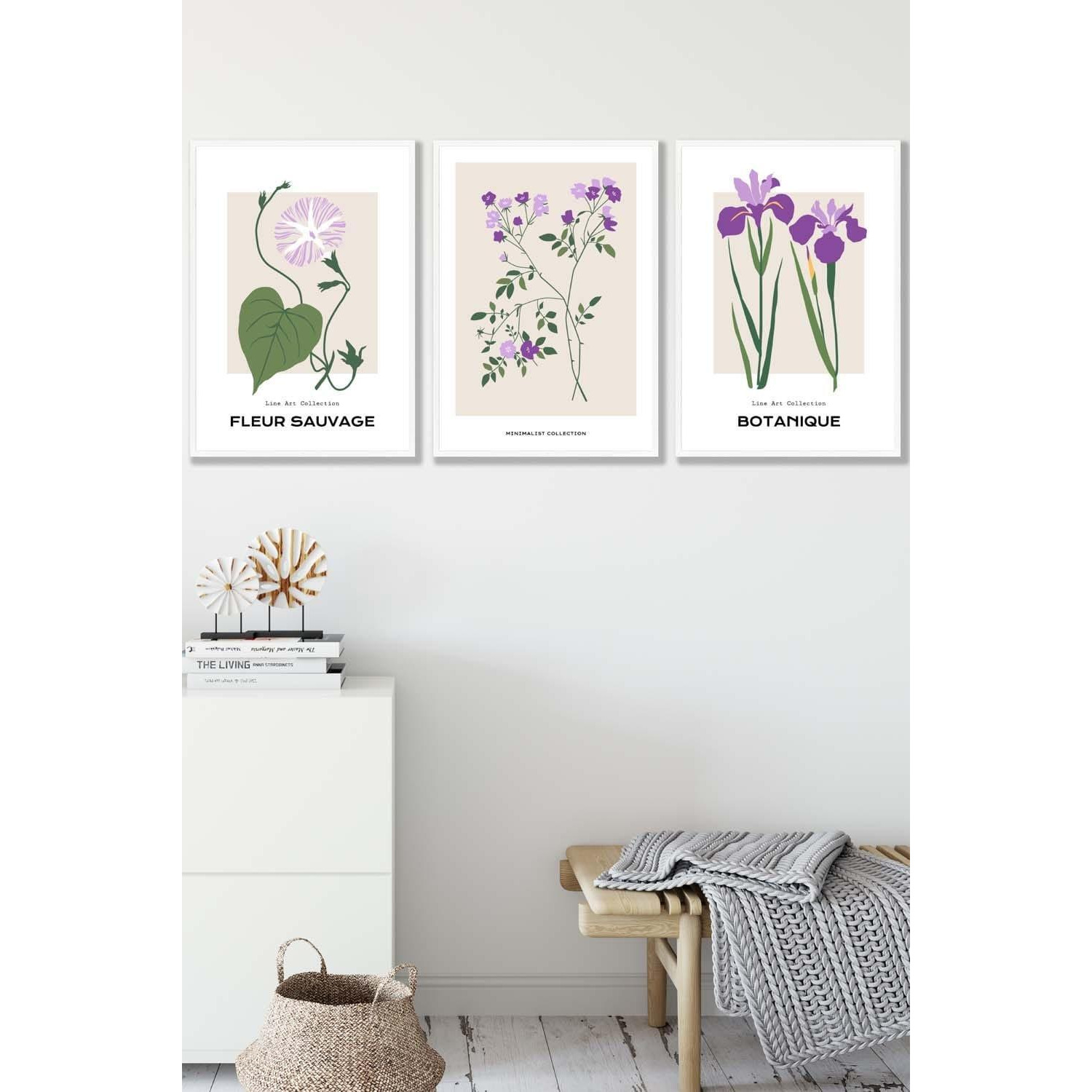 Set of 3 White Framed Vintage Graphical Flower Market Purple Lilac Wall Art - image 1