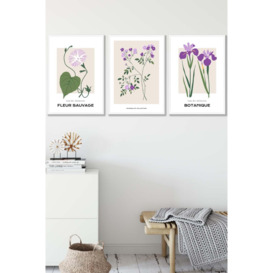 Set of 3 White Framed Vintage Graphical Flower Market Purple Lilac Wall Art - thumbnail 1