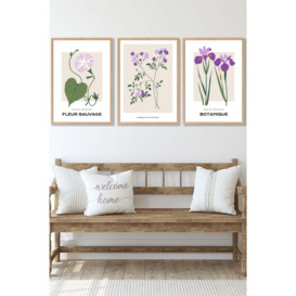 Set of 3 Oak Framed Vintage Graphical Flower Market Purple Lilac Wall Art