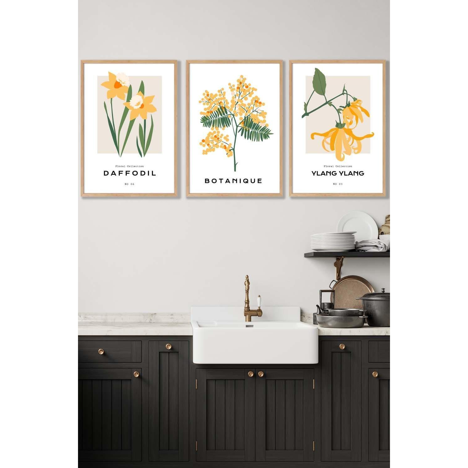 Set of 3 Oak Framed Vintage Graphical Yellow Spring Flower Market Wall Art - image 1