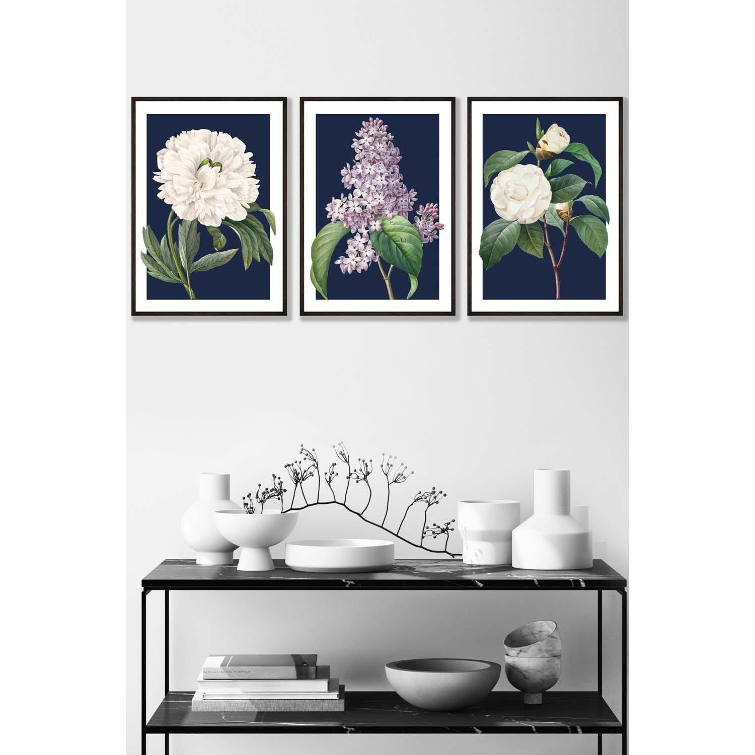 Set of 3 Black Framed Vintage Flowers Lilac, Peony and Camellia on Navy Blue Wall Art - image 1