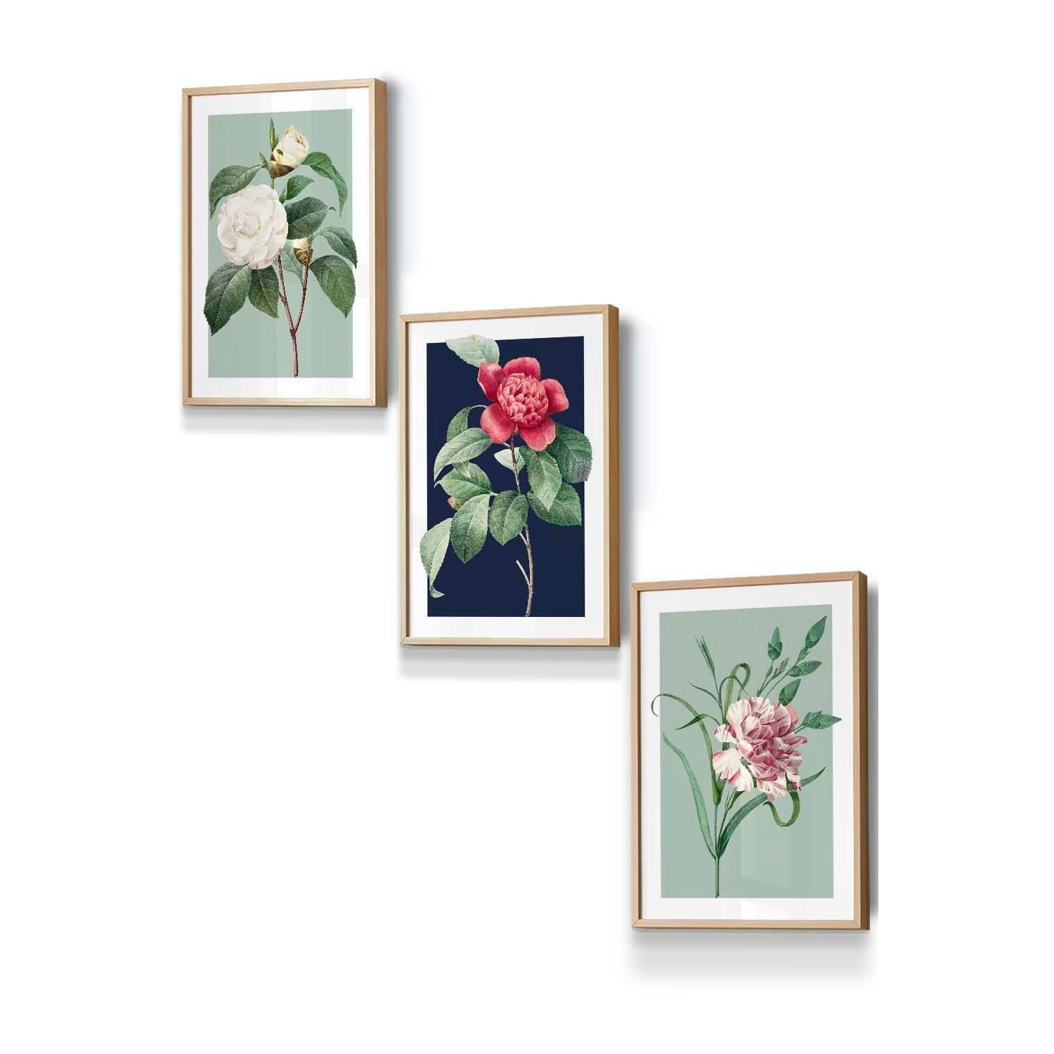 Set of 3 Oak Framed Vintage Flowers Camellia Blue and Green Wall Art - image 1