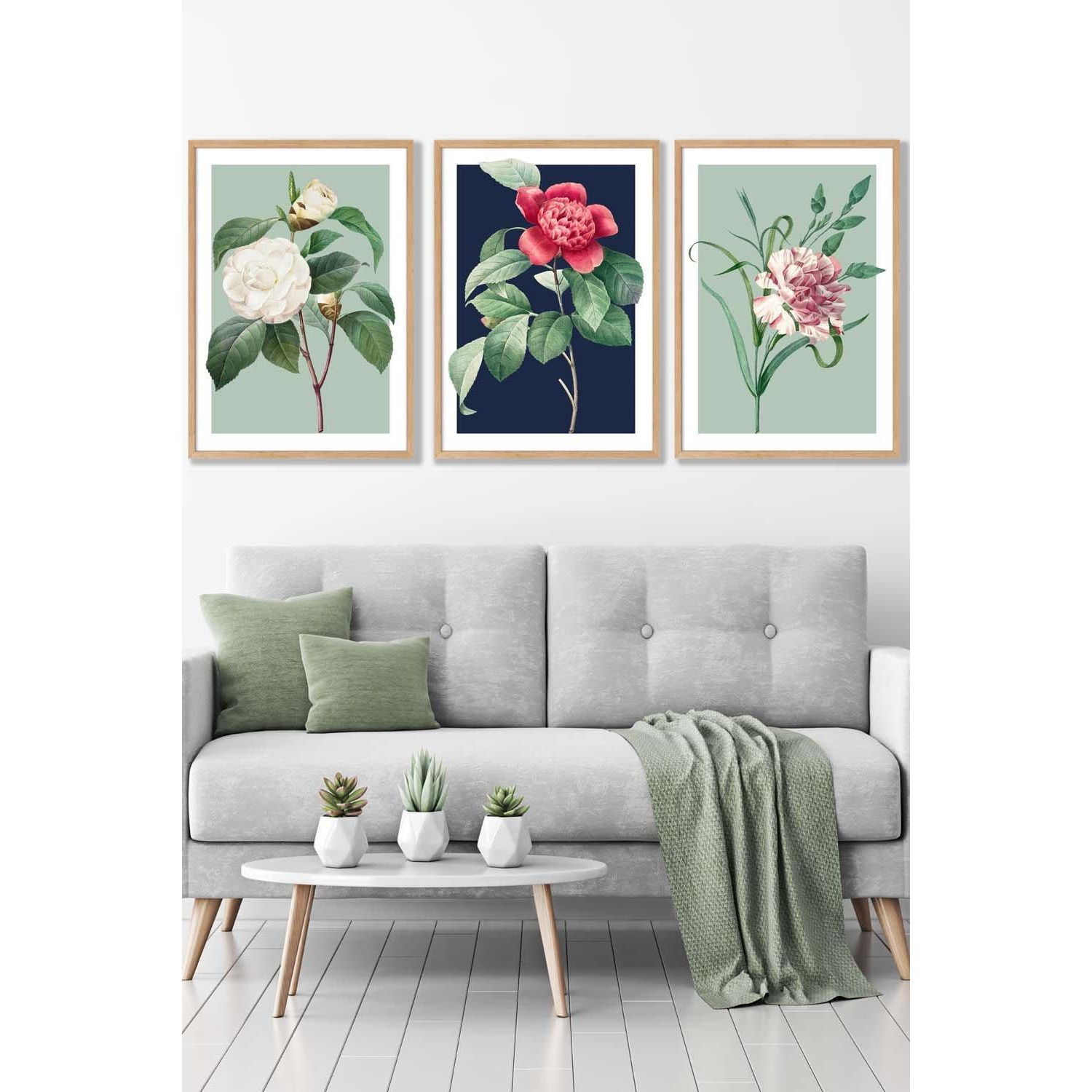 Set of 3 Oak Framed Vintage Flowers Camellia Blue and Green Wall Art - image 1