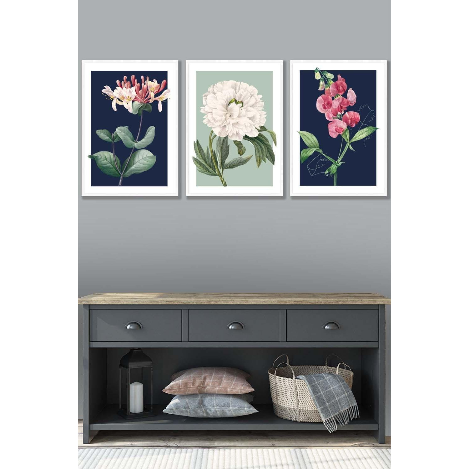 Set of 3 White Framed Vintage Flowers Honeysuckle Blue and Green Wall Art - image 1
