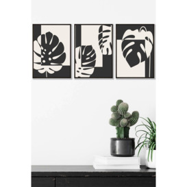 Set of 3 Black Framed Mid Century Monstera in Black and Ivory Wall Art