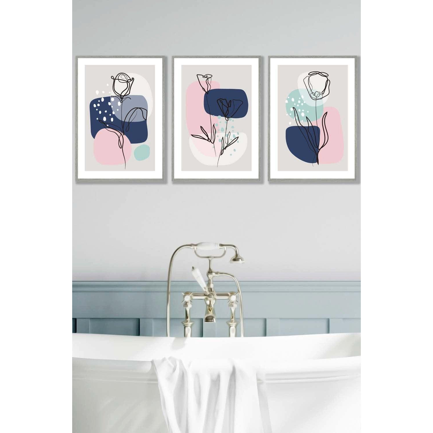Set of 3 Light Grey Framed Line Art Spring Flowers on Navy Pink Boho Shapes Wall Art - image 1