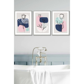 Set of 3 Light Grey Framed Line Art Spring Flowers on Navy Pink Boho Shapes Wall Art - thumbnail 1