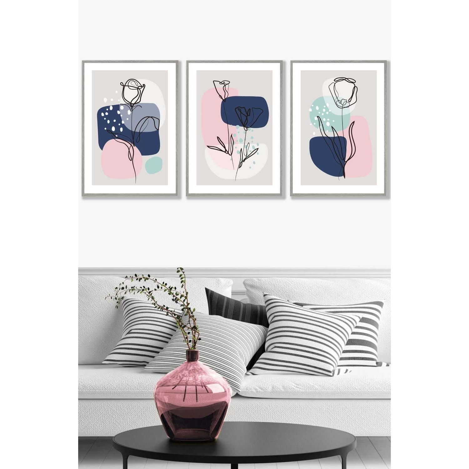 Set of 3 Light Grey Framed Line Art Spring Flowers on Navy Pink Boho Shapes Wall Art - image 1