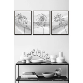 Set of 3 Black Framed Female Line Art Floral Faces on Grey Wall Art