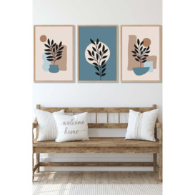 Set of 3 Oak Framed Graphical Boho Floral Teal and Beige Botanical Wall Art