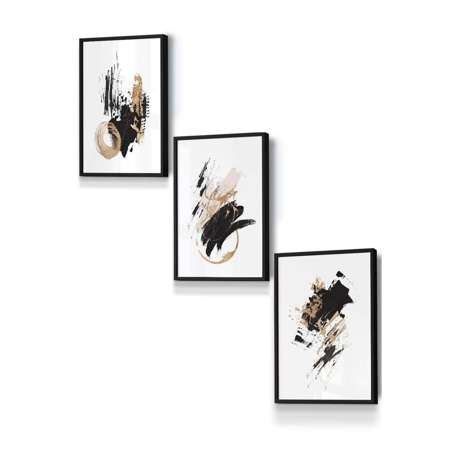 Set of 3 Black Framed  Abstract Black Ivory and Gold Oil Strokes Wall Art - image 1