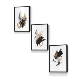 Set of 3 Black Framed  Abstract Black Ivory and Gold Oil Strokes Wall Art - thumbnail 1