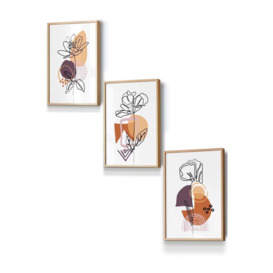Set of 3 Oak Framed Line Art Flowers on Purple Orange Boho Shapes Wall Art