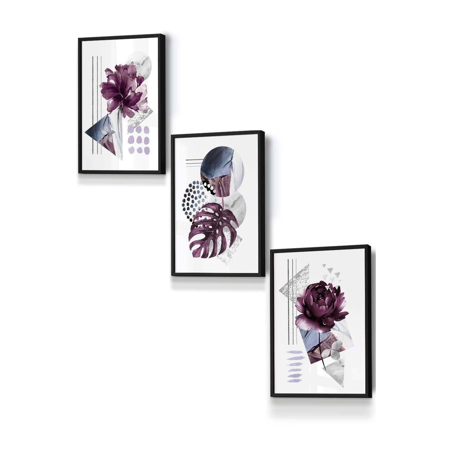 Set of 3 Black Framed Abstract Purple and Silver Botanical Wall Art - image 1