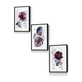 Set of 3 Black Framed Abstract Purple and Silver Botanical Wall Art