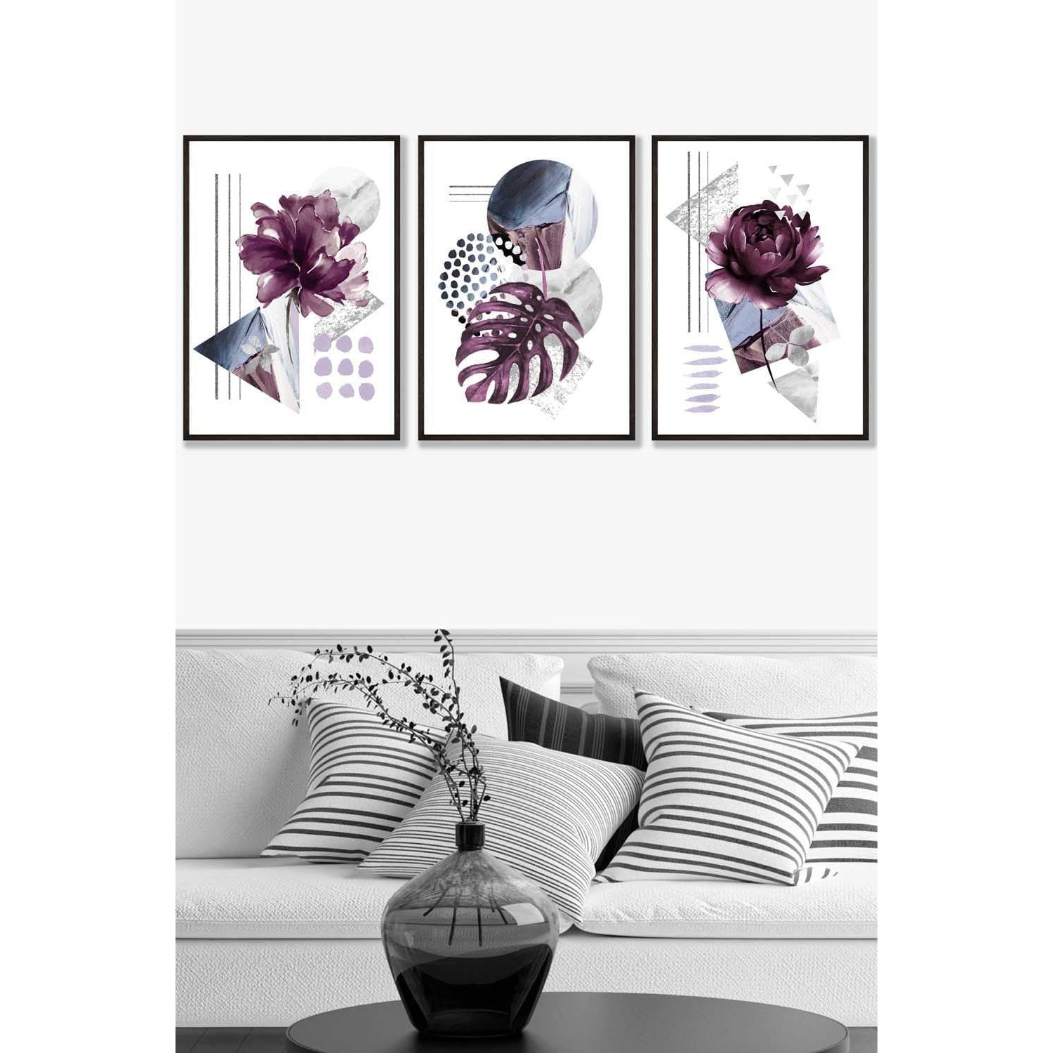 Set of 3 Black Framed Abstract Purple and Silver Botanical Wall Art - image 1
