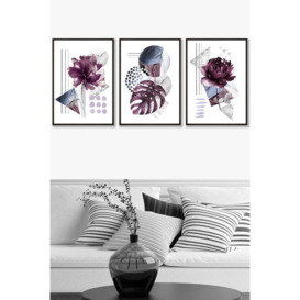 Set of 3 Black Framed Abstract Purple and Silver Botanical Wall Art - thumbnail 1