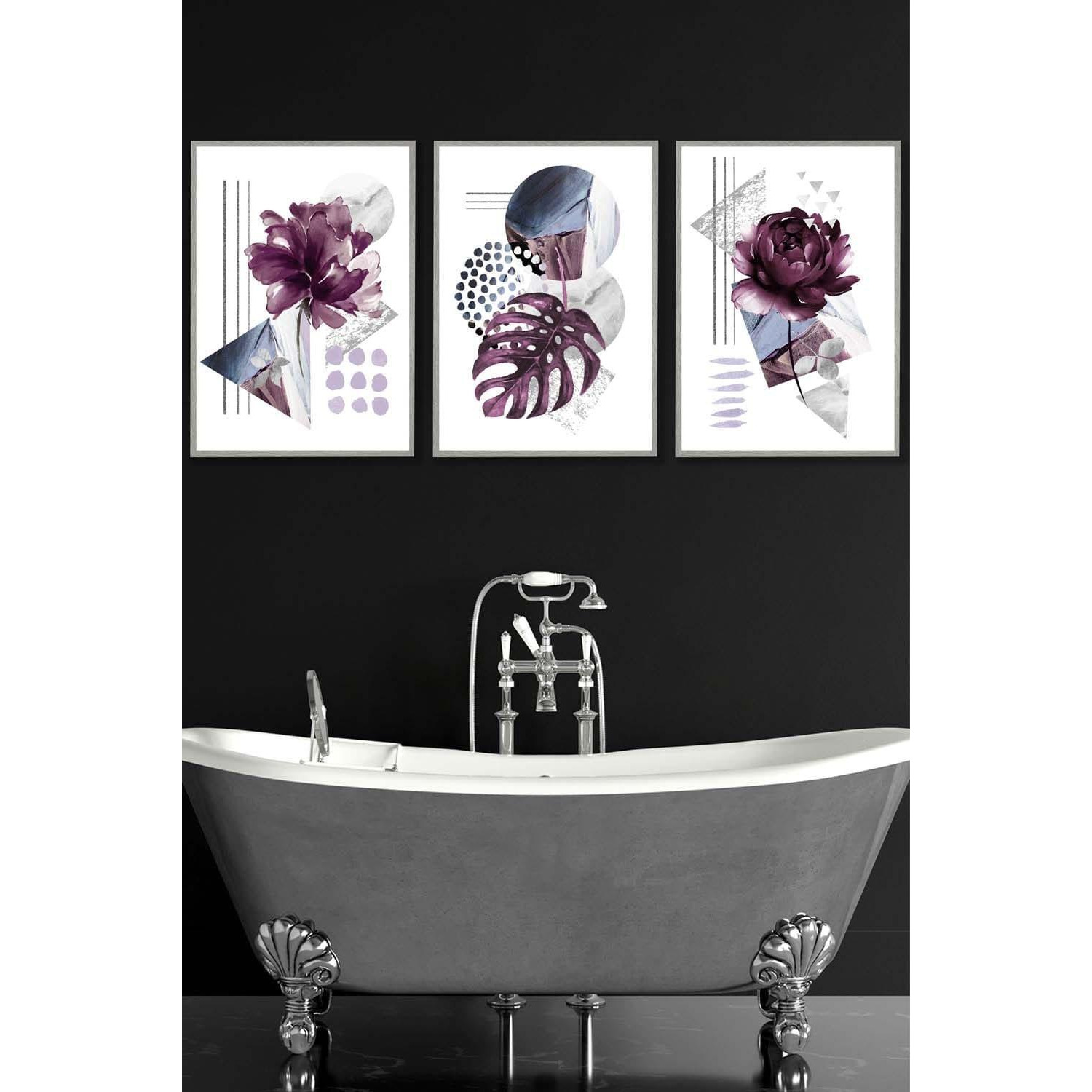 Set of 3 Light Grey Framed Abstract Purple and Silver Botanical Wall Art - image 1