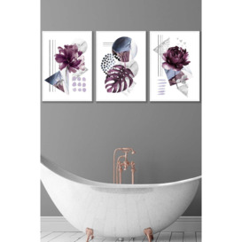 Set of 3 White Framed Abstract Purple and Silver Botanical Wall Art