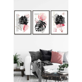 Set of 3 Black Framed Abstract Pink and Black Botanical Wall Art