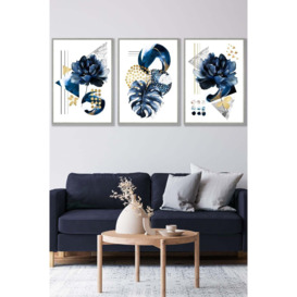 Set of 3 Light Grey Framed Abstract Blue and Gold Botanical Wall Art
