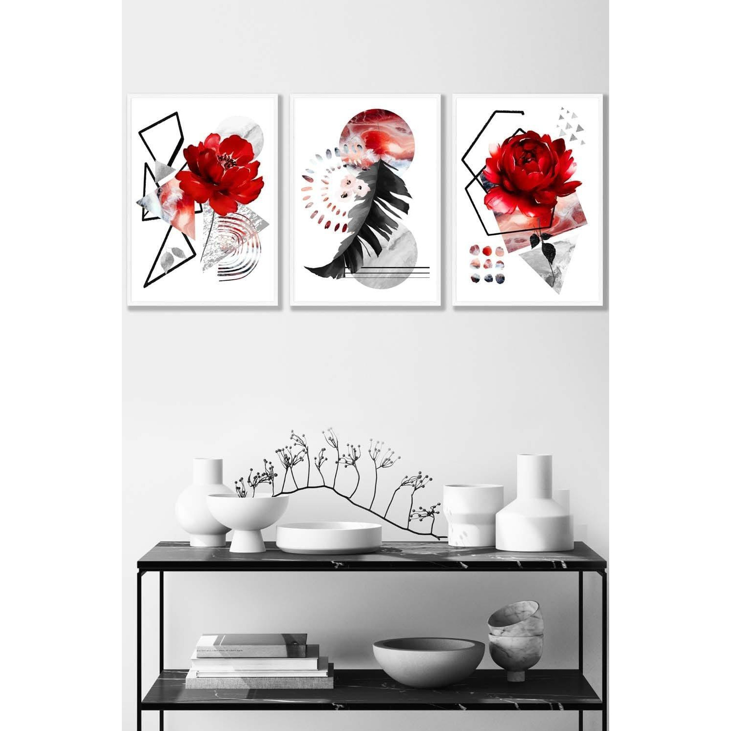 Set of 3 White Framed Abstract Red and Black Botanical Wall Art - image 1