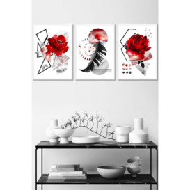 Set of 3 White Framed Abstract Red and Black Botanical Wall Art
