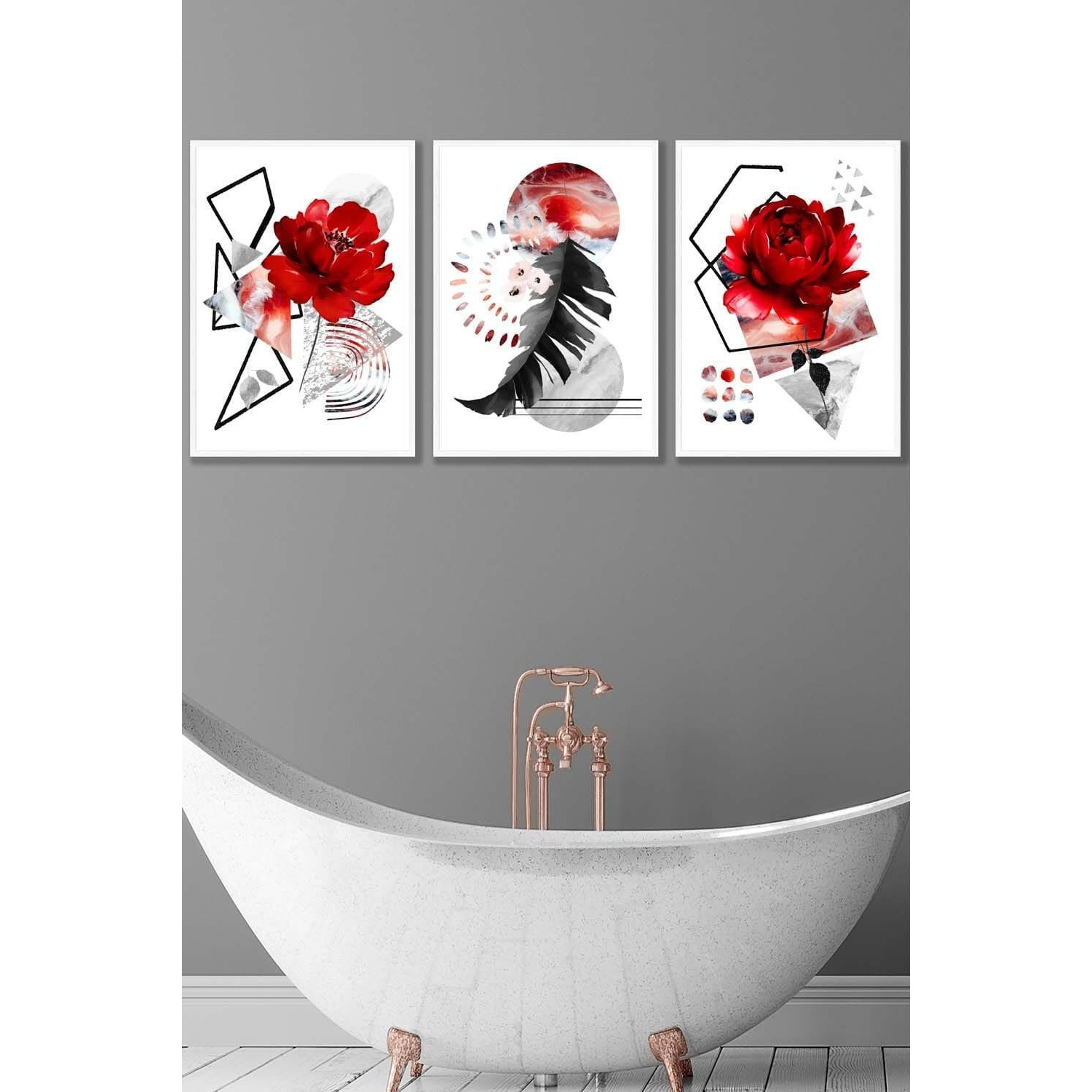 Set of 3 White Framed Abstract Red and Black Botanical Wall Art - image 1