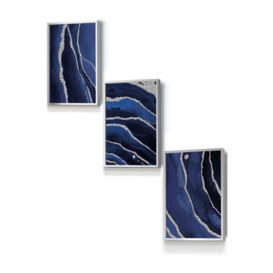 Abstract Navy Blue Silver Strokes Framed Wall Art - Small