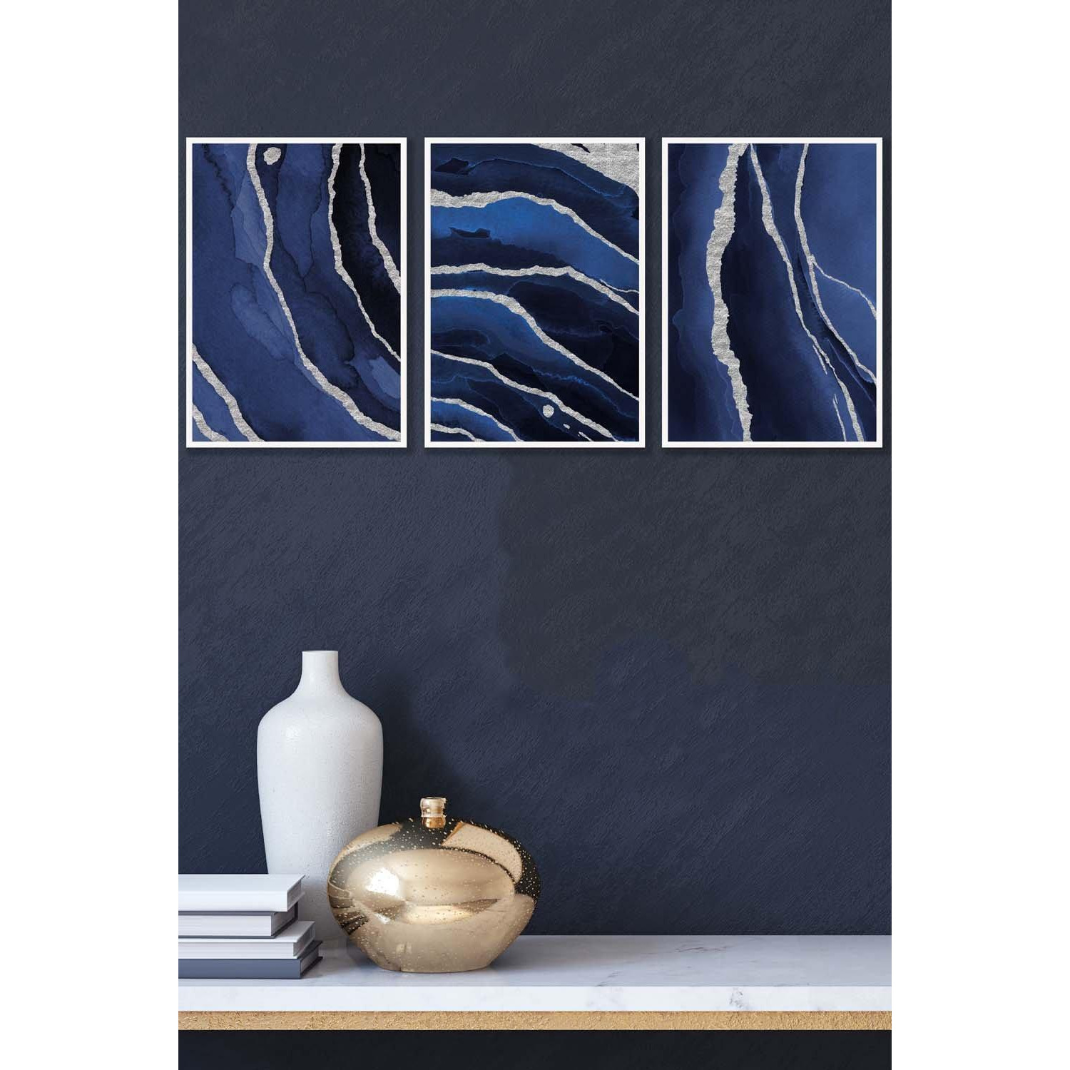 Abstract Navy Blue Silver Strokes Framed Wall Art - Medium - image 1