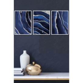 Abstract Navy Blue Silver Strokes Framed Wall Art - Medium