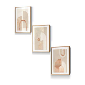 Set of 3 Oak Framed Mid Century Terracotta and Beige Arches Wall Art