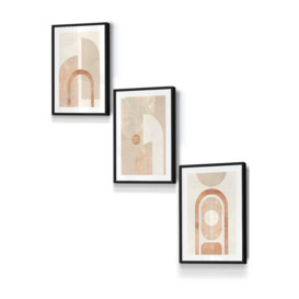 Set of 3 Black Framed Mid Century Beige and Terracotta Arches Wall Art