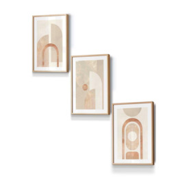 Set of 3 Oak Framed Mid Century Beige and Terracotta Arches Wall Art