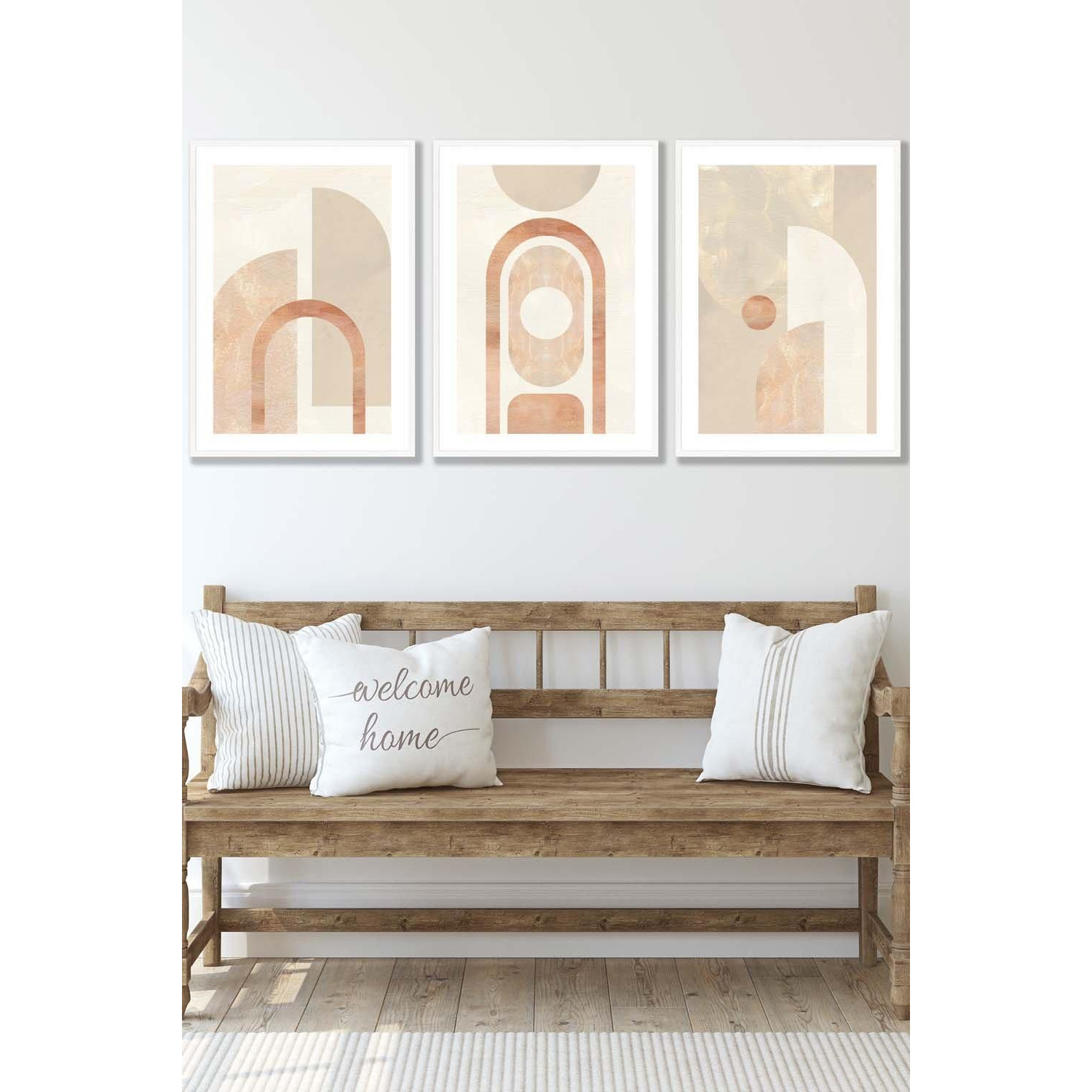 Set of 3 White Framed Mid Century Beige and Terracotta Arches Wall Art - image 1