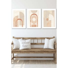 Set of 3 White Framed Mid Century Beige and Terracotta Arches Wall Art