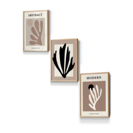 Set of 3 Oak Framed Matisse Style Floral Cut Out Browns & Black Wall Art