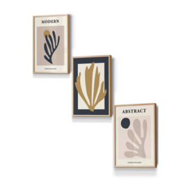 Set of 3 Oak Framed Matisse Style Floral Cut Out Navy & Yellow Wall Art